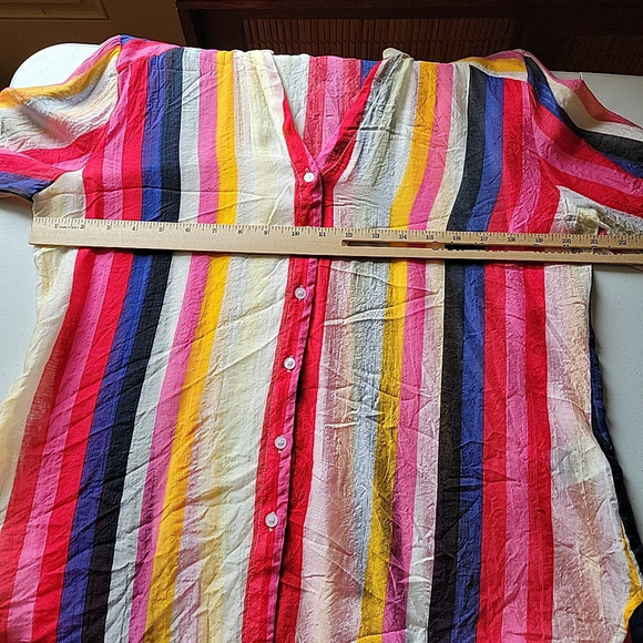 RD & Koko‎ Semi Sheer Rainbow Stripe Button Down Top Roll Tab Sleeve Split Neck - Picture 8 of 13